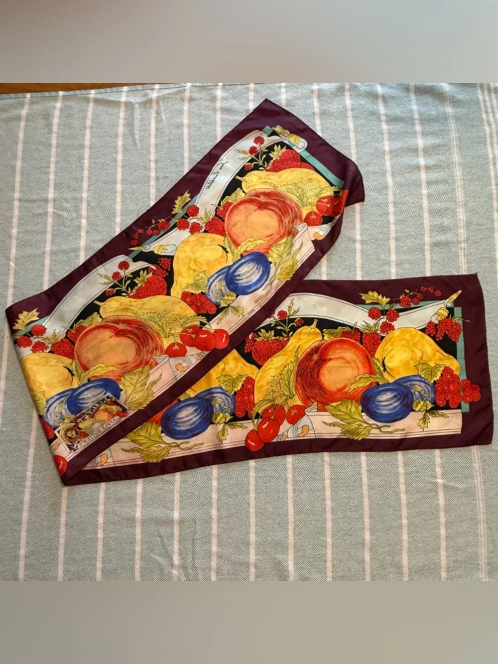 VTG June Critchfield silk scarf, fruit print, Heinz's Apple Butter 1989 drawing
